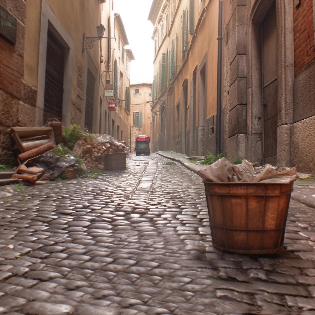 ancient cobble stone road city with rubbish in the road