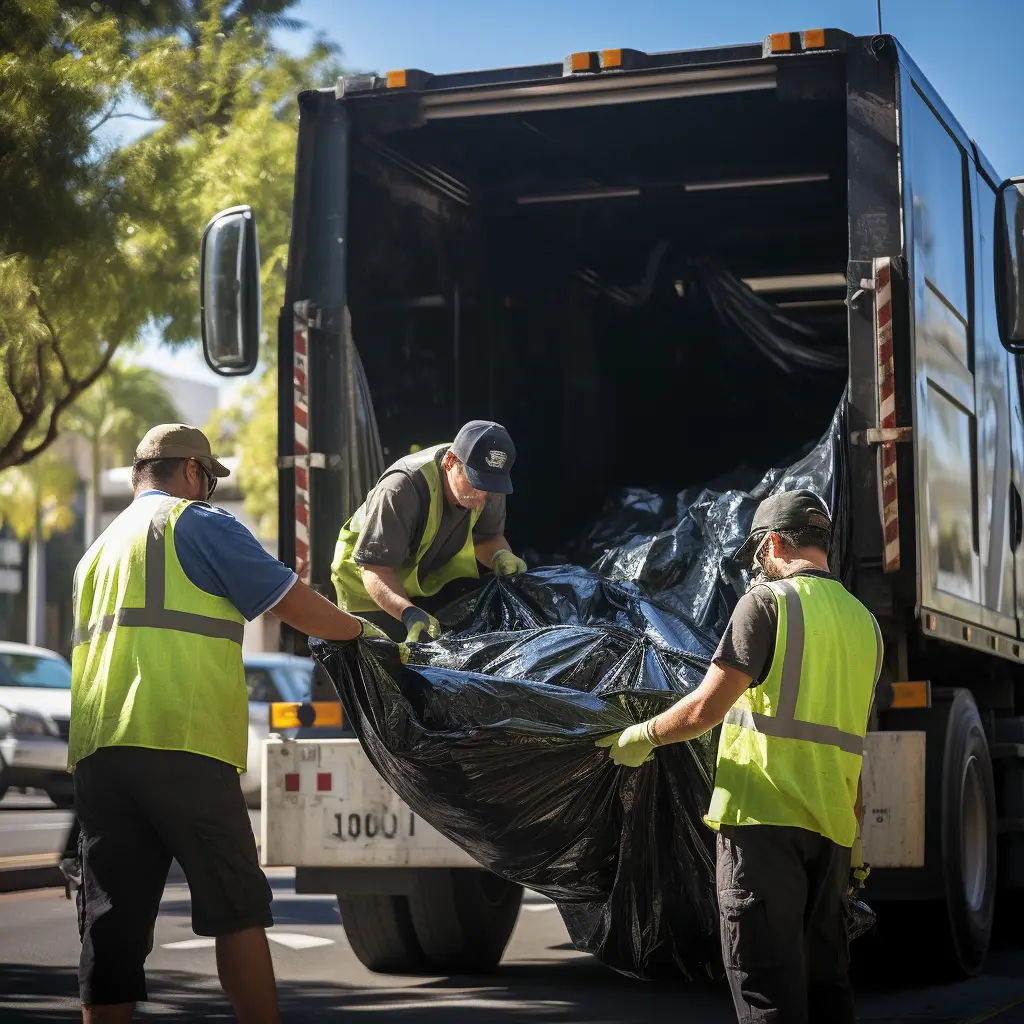 Workers putting trash bags in truck.