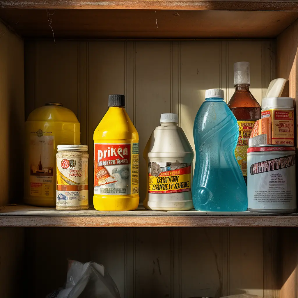 Household chemicals stored on high shelf.