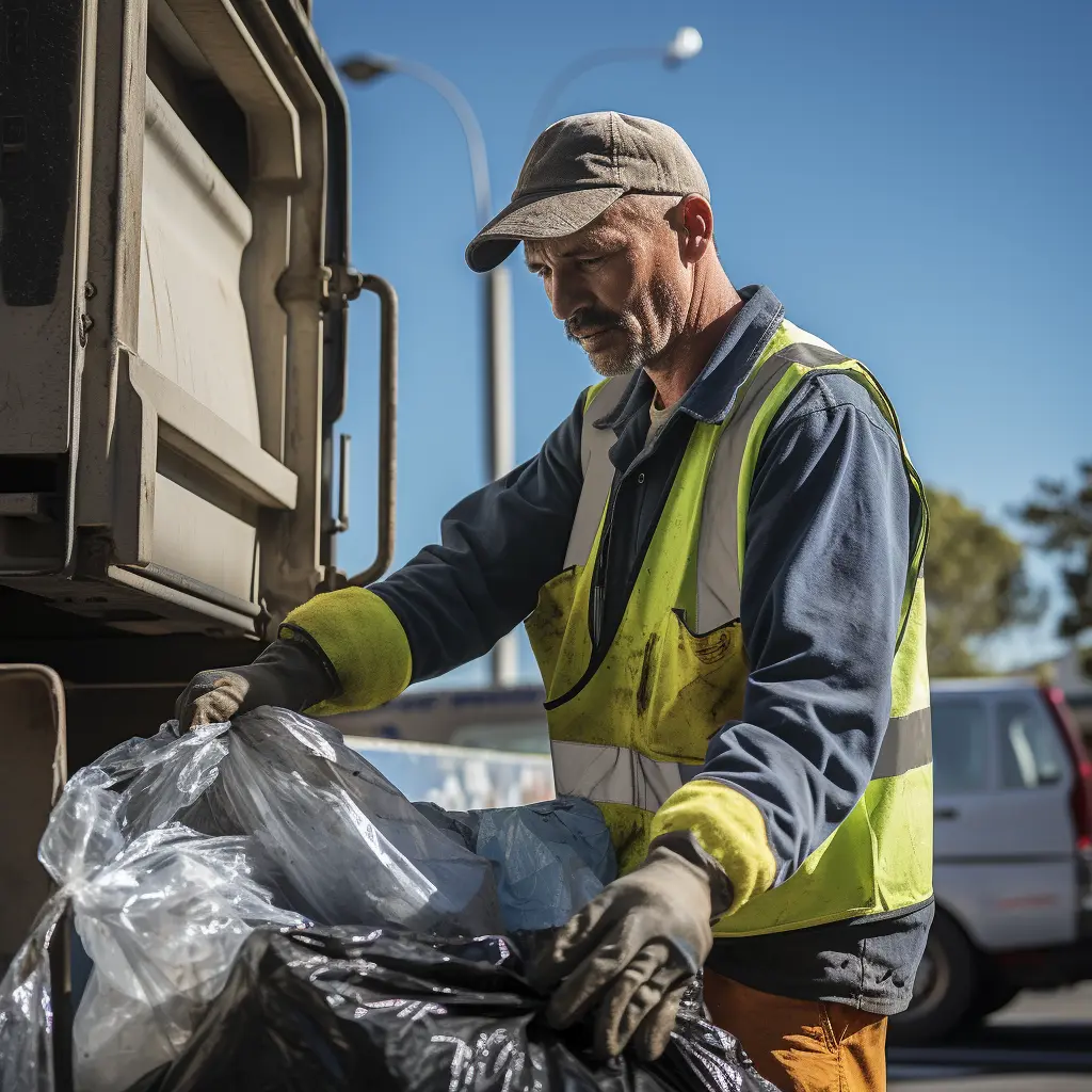 Worker putting trash bag in garbage truck.