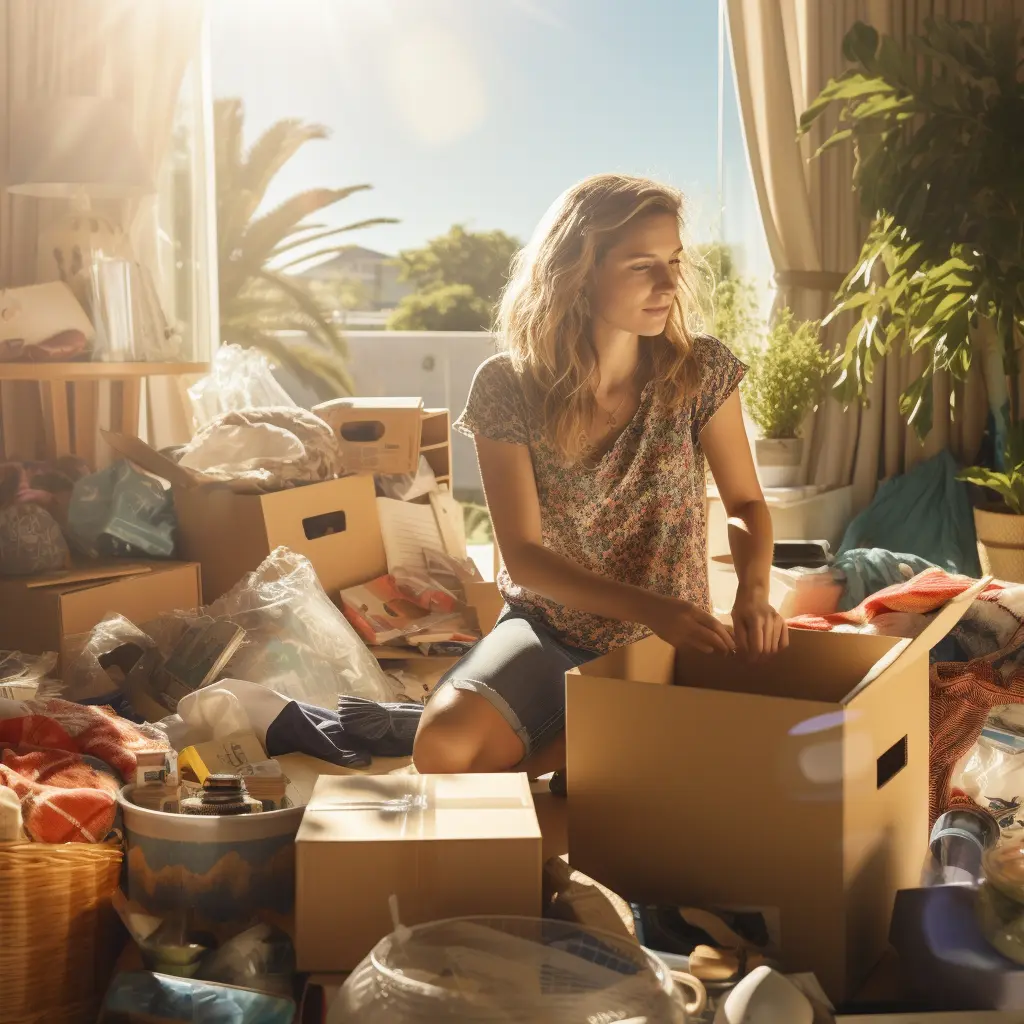 Woman organising cluttered home by putting items in boxes - Swann Rubbish Removal