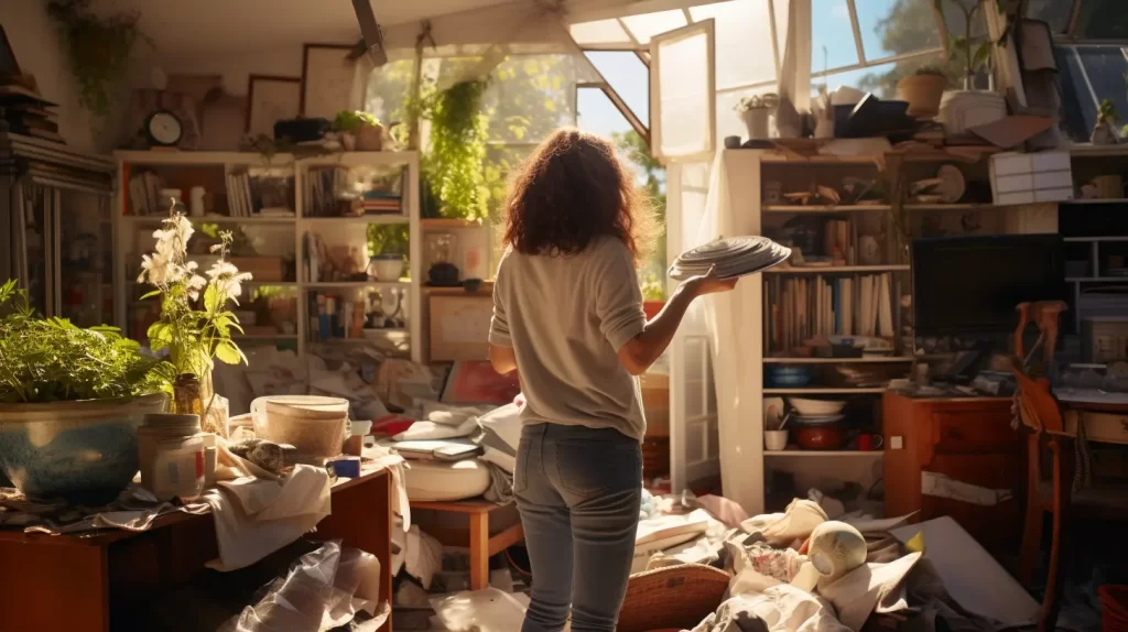 Woman organising through her cluttered house. - Swann Rubbish Removal