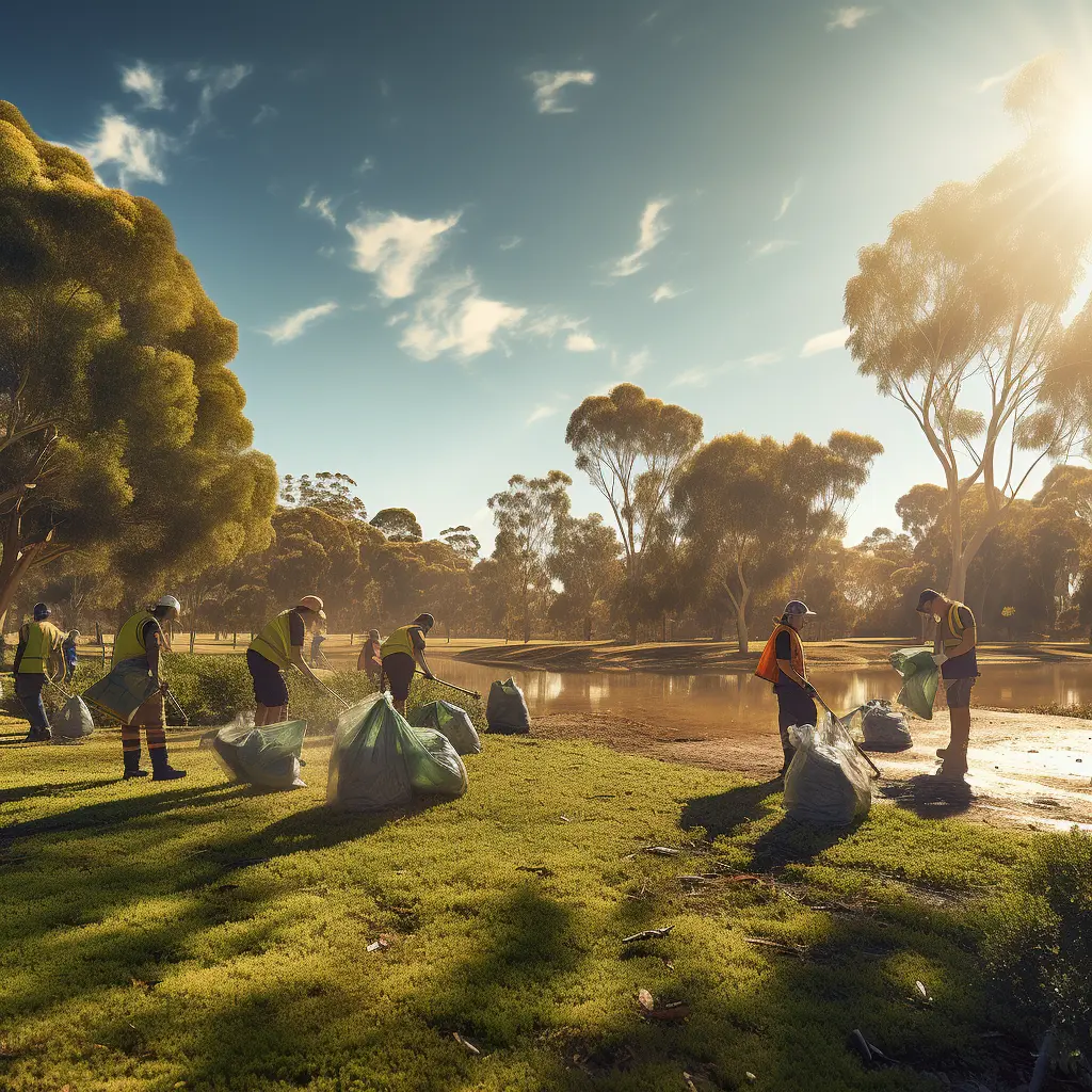 Workers picking up trash in a park in Australia