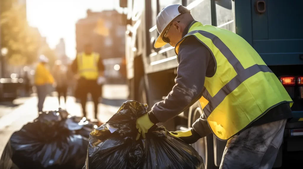 Workers putting rubbish bags in rubbish truck in Cockburn